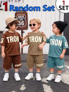 SHEIN 1 Random Set,  Outdoor Preferred Simple Letter Print Pattern Blue T-Shirt With Shorts, Simple Letter Print Pattern Khaki T-Shirt With Shorts - Multicolor - View 4