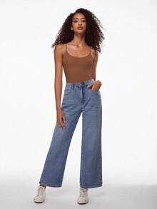 SHEIN BASICS 1件女款純色修身休閒細肩帶背心上衣 白色上衣 - 駝色 - 查看 5
