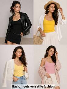 SHEIN BASICS 1件女款純色修身休閒細肩帶背心上衣 白色上衣 - 粉色 - 查看 14