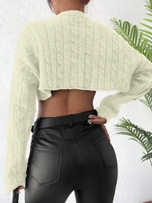 EURMUSE Cable Knit Drop Shoulder Crop Sweater - Beige - View 2