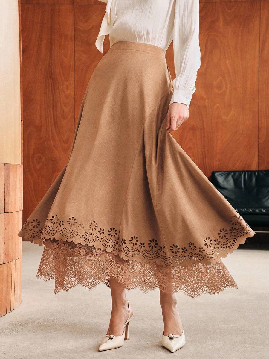 Anewsta Rok Wanita Modern Tebal Motif Bunga Patchwork Suede Velvet - Coffee Brown - View 1