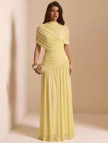 SHEIN Tall CURVE Plus Size Elegant Party Solid Color Ruched Dress - Light Yellow - View 5