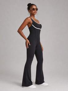 SHEIN Sports Women's Athletic Bodysuit Featuring An Open Back And Minimalist, Contrasting-Color Crisscross Straps - Black and White - View 3