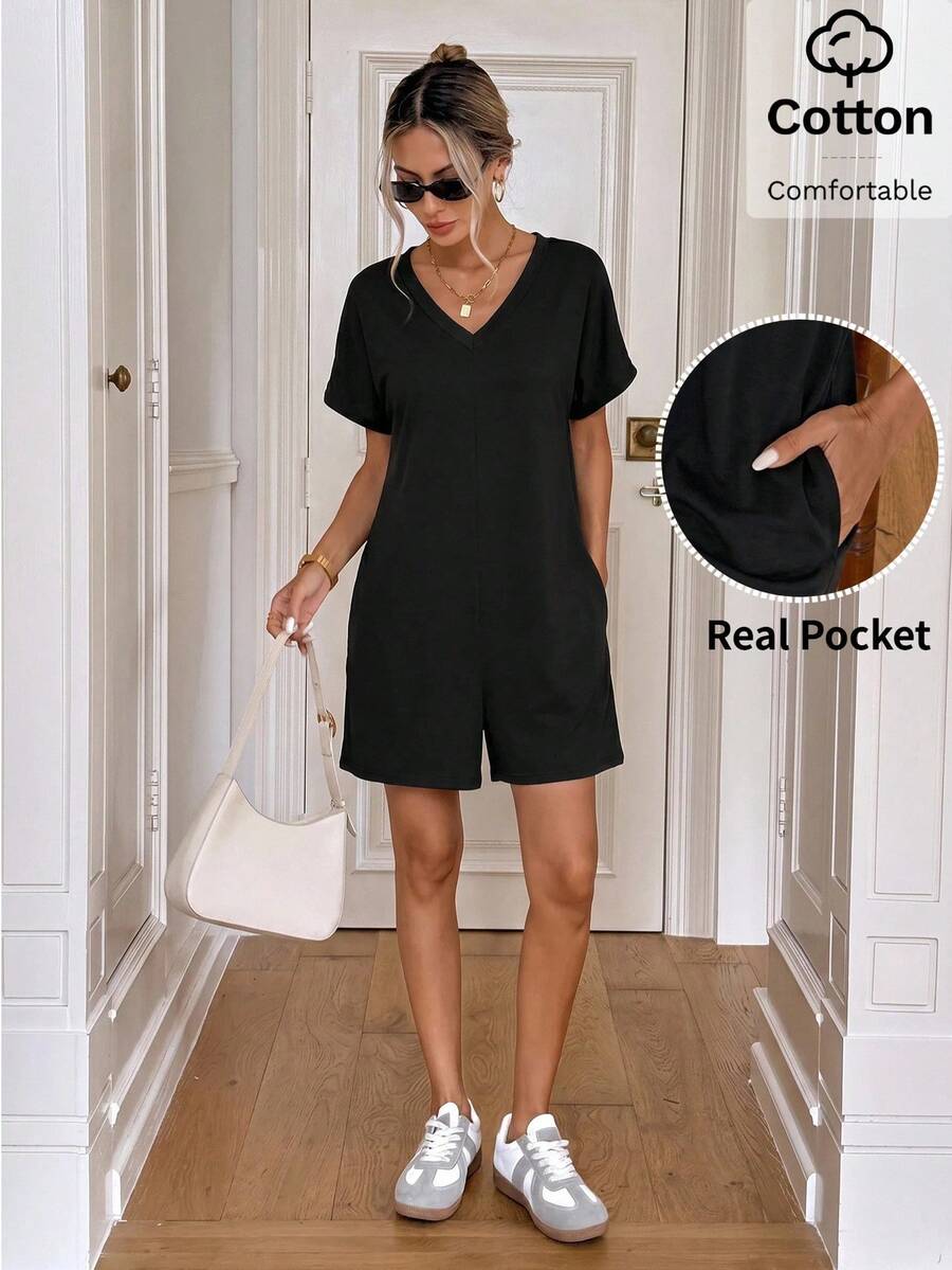 Easowa Women's Solid Color V-Neck Short Sleeve Pocket Casual Basic Modest Romper Travel Black Summer Cotton Is Comfortable Everyday Travel Real Pocket - Black - View 1