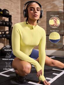 Powerista Jaqueta Esportiva Amarela Slim Fit com Gola Alta, Manga Longa e Abertura para o Polegar - Amarelo - Visão 5