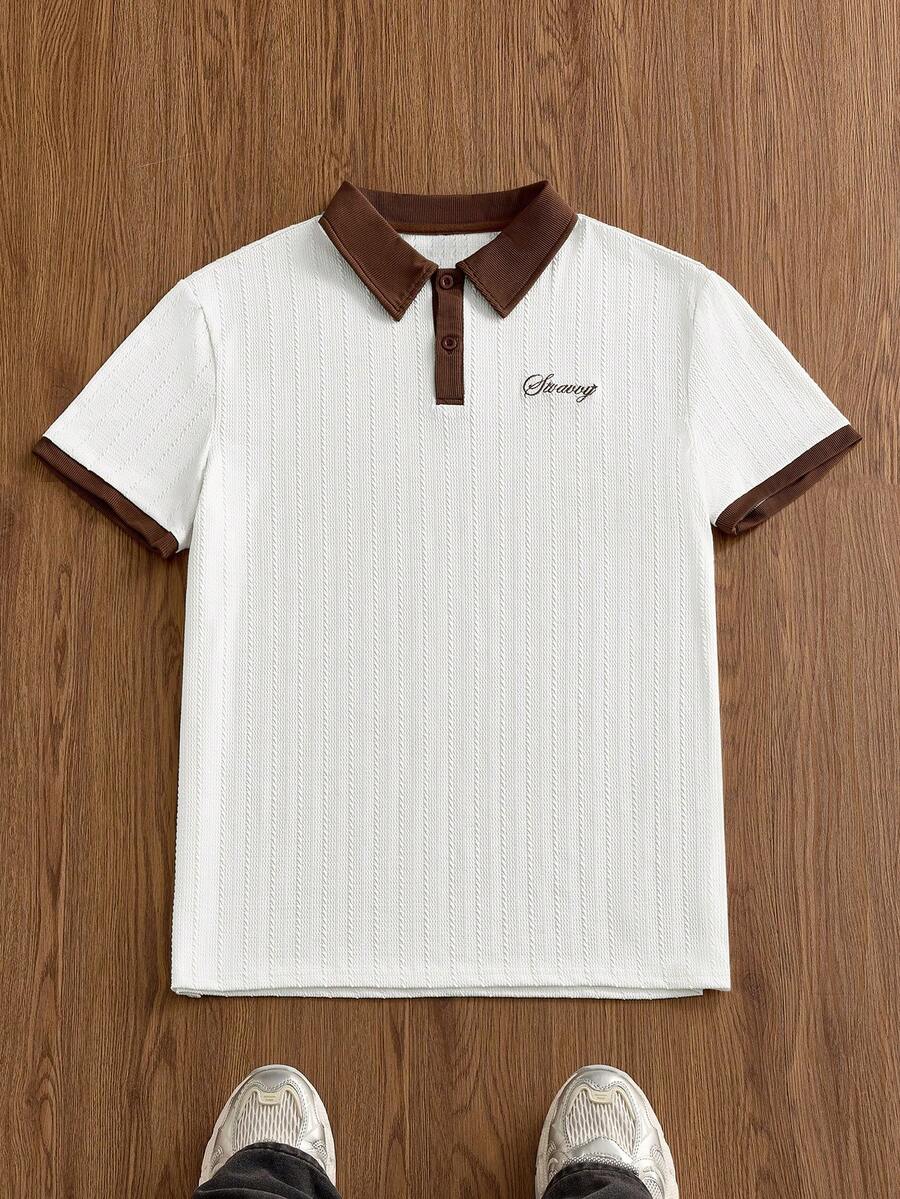 SWAVVY Men's Colorblock Patchwork Letter Embroidered Short Sleeve Polo Shirt - White - View 1