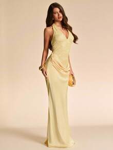 SHEIN BAE Spring Summer Pale Yellow Halter V-Neck Lace Patchwork Cinched Waist Ruched Draped Maxi Dress Gentle Sexy Casual Style For Beach Wedding Party Formal - Light Yellow - View 3