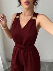 Elenzga 女款春夏優雅藍色V領小圓裝飾扣設計蝴蝶結設計無袖修身貼身連身褲 - 酒紅色 - 查看 4