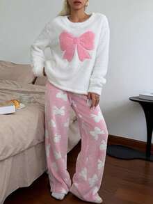 Napfluff Women's Sweet Cute Embroidered Bow Round Neck Long Sleeve Long Pants Pajama Set 2pcs - Pink - View 6