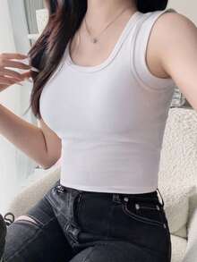 FRIFUL Women's Solid Color Criss-Cross Back Tank Top With Padded Cups Cute Tops - White - View 5
