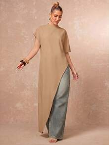 Lumalex Women's Solid Color Split Design Casual Daily Long Top - Khaki - View 4