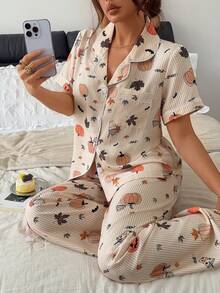Dream Adore Halloween Pumpkin & Bat Print Striped Collar Casual Pajama Set, 2 Pieces - Apricot - View 7