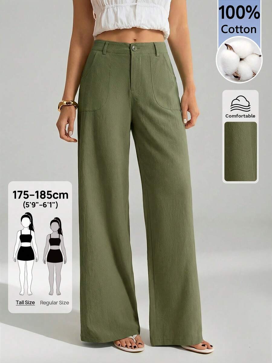 SHEIN Tall 100%水洗棉低腰直筒褲,適合高個女性 - 軍綠色 - 查看 1
