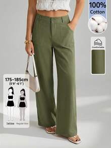 SHEIN Tall 100%水洗棉低腰直筒褲，適合高個女性 - 軍綠色 - 查看 3