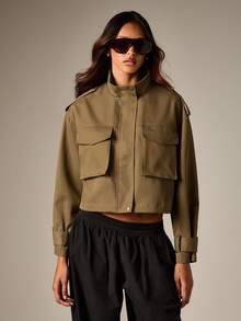 AiiRZ Women's Short Solid Color Utility Jacket - Khaki - View 3