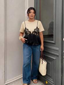 Lounesse 大尺碼休閒優雅蕾絲拼接圓領短袖背心上衣T恤 - 杏色 - 查看 8