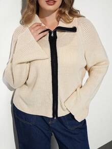 Maija Plus Size Women's Colorblock Zipper Casual Daily Knit Top - Apricot - View 6
