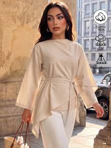 Elenzga Apricot Textured Washed Linen Asymmetrical Wrap Long Top With Belt, Lazy Minimalist Elegant Shirt, Suitable For Home, Office And Street Wear - Apricot - View 3