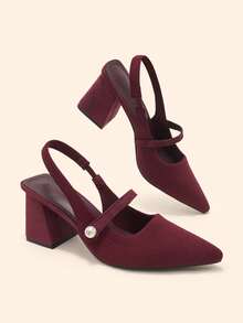 CUCCOO BASICS 時尚經典飛織透氣舒適通勤派對宴會尖頭粗高跟女鞋 Slingback 露跟高跟鞋 - 酒紅色 - 查看 1