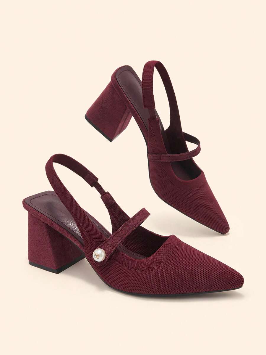 CUCCOO BASICS 時尚經典飛織透氣舒適通勤派對宴會尖頭粗高跟女鞋 Slingback 露跟高跟鞋 - 酒紅色 - 查看 1