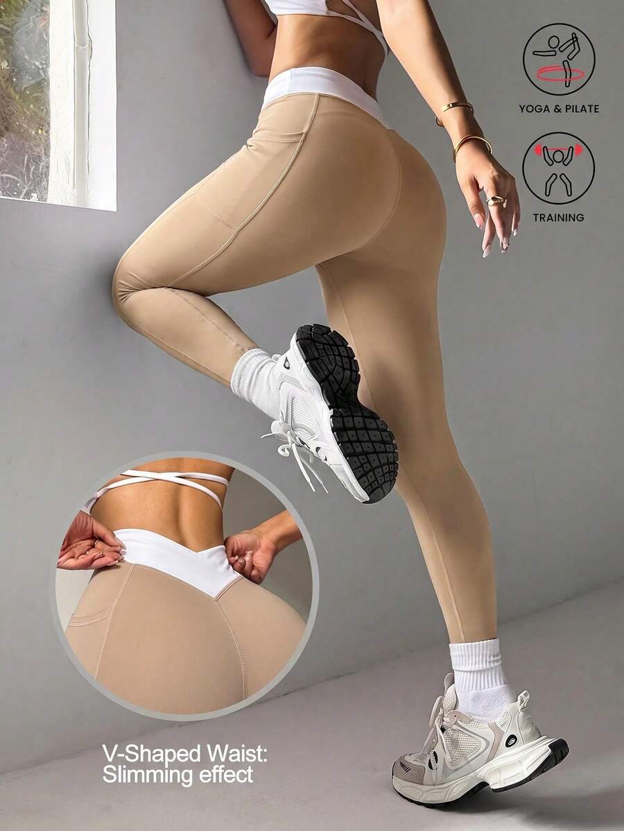 Slayform Slayform Legging Olahraga Wanita Serbaguna dengan Pinggang Silang dan Warna Kontras yang Pas di Badan - Khaki - View 1
