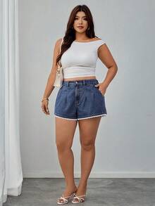 Elenzga Plus Size Women's Casual Daily Denim Shorts With Pockets And Buttons Formal Vacation Blue And White Summer - Medium Wash - View 5