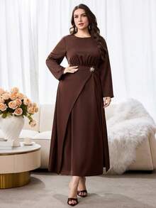 Veilorie Plus Size Metal Flower Decor Ruched Waist Long Sleeve Dress - Coffee Brown - View 3