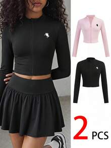 SHEIN 青少年女孩日常休閒多件套裝，粉色與黑色 2 件式夾克，秋冬款 - 彩色 - 查看 10