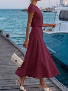 Editum Women's Round Neck Short Sleeve Button-Down Shirt + Side Zipper Faux Pocket Umbrella Skirt, Elegant Commute Brunch Vacation Burgundy Summer Halloween - Burgundy - View 4