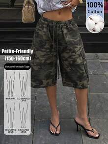 Sinnesro WOMEN Cargo Utility Long Shorts Military Combat Style Drawstring Elastic Waist Summer Spring Casual Pockets Bermuda Length Outdoor Hiking Walking ,Petite Women - Army Green - View 4