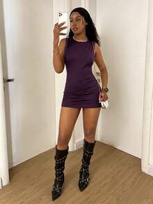 Fiercella Fiercella 女款純色側開衩性感迪斯可無袖修身洋裝，深紫色，適合夜店派對，夏季穿著 - 紫色 - 查看 6