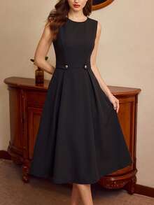 Vintamour Women's Summer Elegant Commute Solid Color Sleeveless Midi Dress - Black - View 3