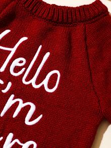 SHEIN HELLO World 新生兒攝影服裝 紅色針織嬰兒連身褲 腳套式連身衣 出生公告 紅黑配色 秋季可愛款 - 紅色 - 查看 6