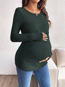 SHEIN Maternity Solid Color Round Neck Ribbed Nursing Long Sleeve T-Shirt - Army Green - View 4
