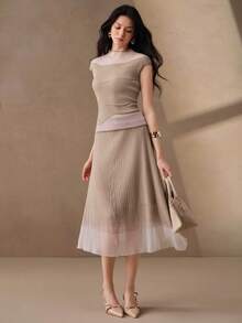 Anewsta Twisted Texture Knit Skirt With Gradient Sheer Mesh, High Waist Bodycon - Beige - View 4