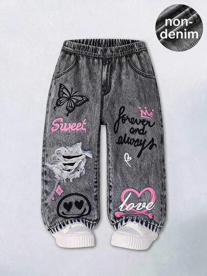 SHEIN Baby Girl Knitted Loose Straight Leg Pants, Suitable For Outdoor Sports And Casual Wear