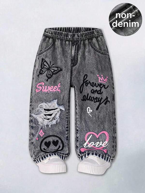 SHEIN Pantalones de pierna recta holgados de punto para bebé niña, adecuados para deportes al aire libre y uso casual