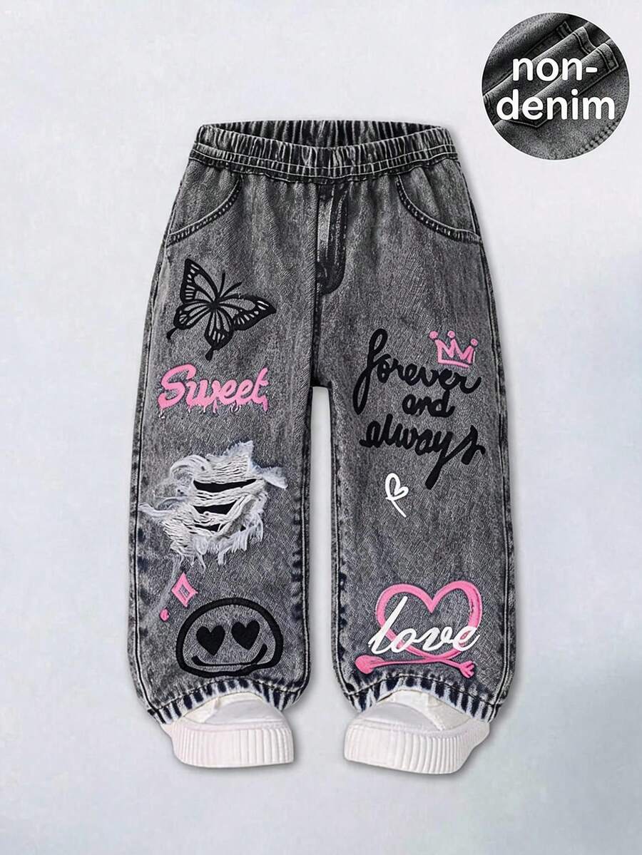 SHEIN 女嬰針織寬鬆直筒長褲,適合戶外運動與休閒穿著 - 灰色 - 查看 1