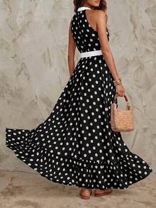 Solivie Women's Polka Dot Deep V-Neck Fashion Party Vacation Dress Black White Summer Boho Elegant - Black - View 3