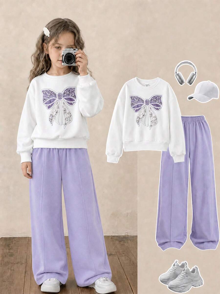 Tween Girl Tween Girl Tween Girls Crew Neck Drop Shoulder Sweatshirt Straight Leg Pants 2pcs Set School Birthday Birthday Purple Autumn Racing Cowboy Racing - Multicolor - View 1