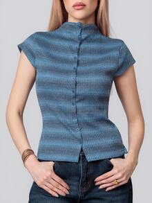 PRISCILA ESCOTO PRISCILA ESCOTO Kaos Polo Lengan Pendek Bergaris Kasual Wanita, Kancing Depan, Musim Panas - Biru - View 3