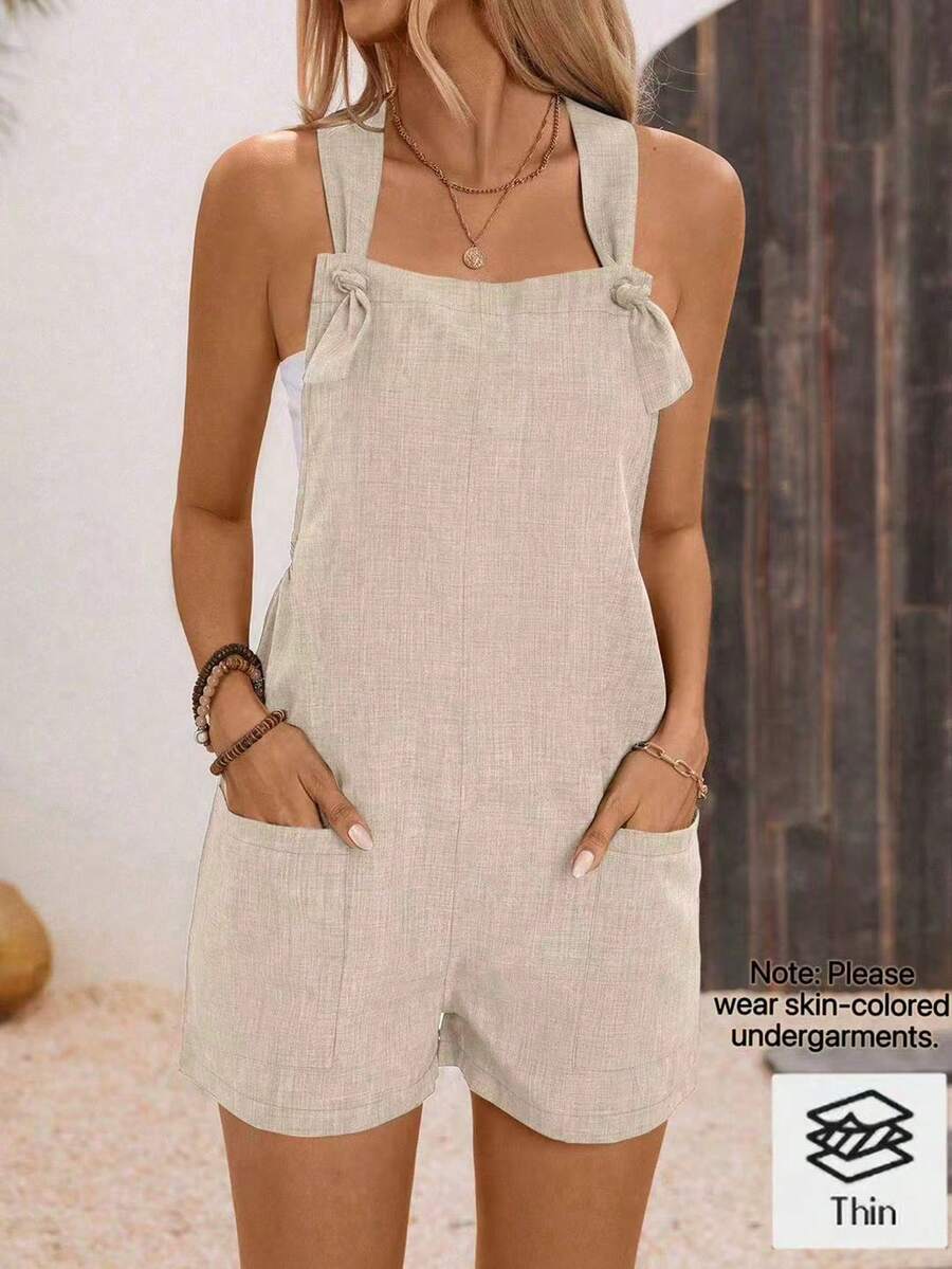 Breezaya Vacation Casual Solid Color Knotted Front Split Leg Romper - Apricot - View 1