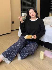 Dazy Plus 圓領圖案印花寬鬆短袖上衣與鬆緊腰長褲家居睡衣套裝 - 黑色 - 查看 6