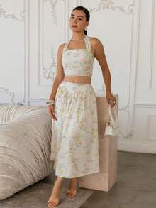 Andrea Bello Women's Ditsy Floral Backless Top And Skirt Set, Summer Outfit Elegant - Apricot - View 6