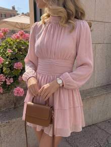 KARISMINA Women's Solid Color Pleated Stand Collar Casual Elegant Date Garden Party Tea Party Outing Mini Dress Wedding Dusty Pink Autumn - Pink - View 2