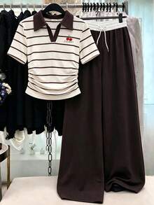 SHEIN Tween女孩條紋T恤與長褲兩件套，休閒簡約針織款，返校穿搭，復古秋季女孩條紋套裝 - 彩色 - 查看 1