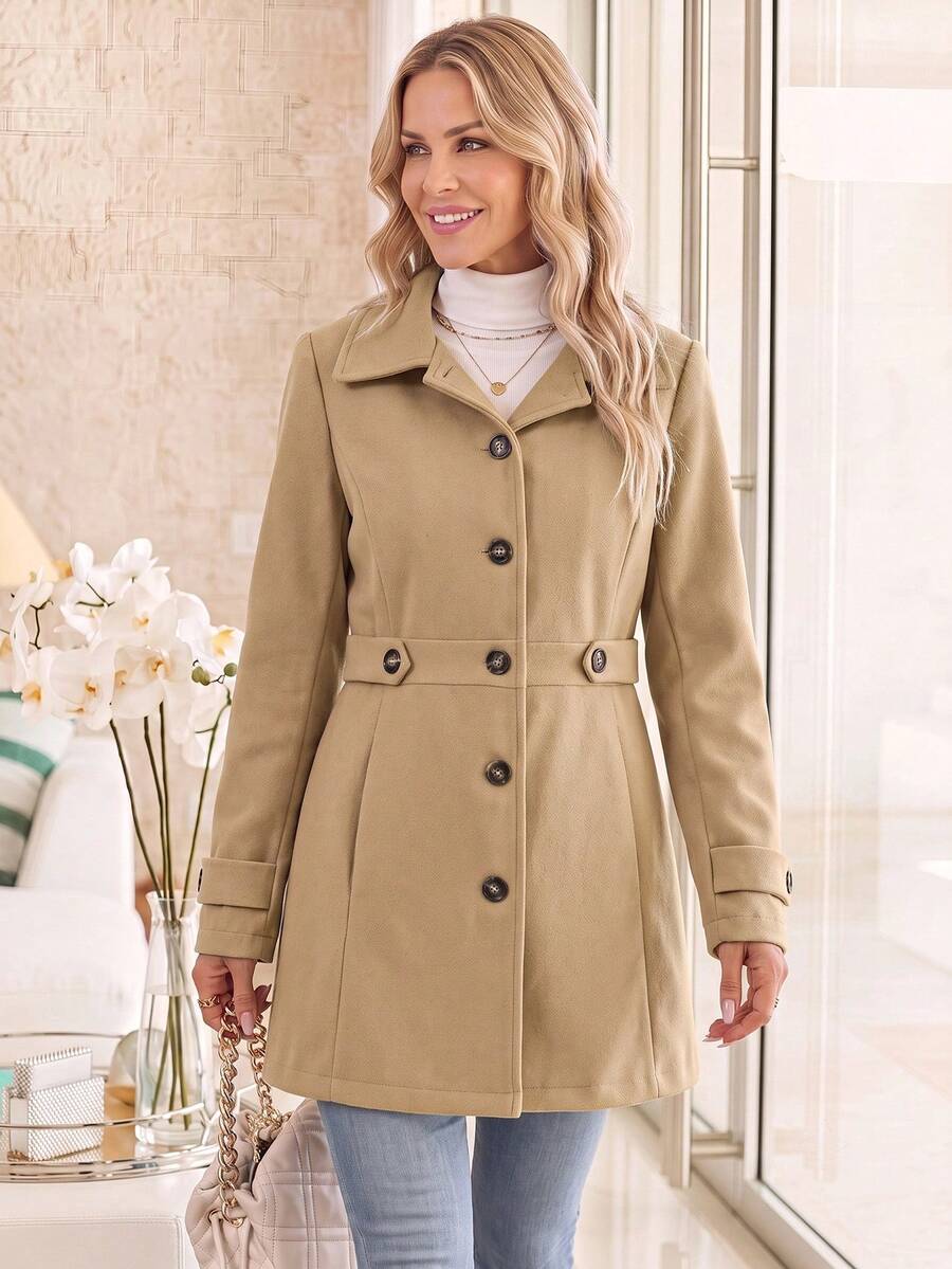 SHEIN PariChic 女式休闲纯色前扣大衣,秋冬 - 駝色 - 查看 1