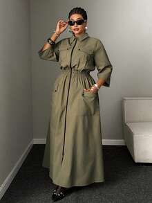 Mawevolt Plus Size Army Green Cinched Waist Double Zipper Cargo Pocket Shirt Dress, 3/4 Sleeve Collared Dress Fall - Army Green - View 4