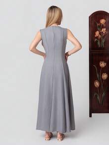 PRISCILA ESCOTO PRISCILA ESCOTO Women's Casual Grey Plain Woven Sleeveless Round Neck Maxi Dress With Flared Hem And Plicated Details Long Tank Dress - Grey - View 2