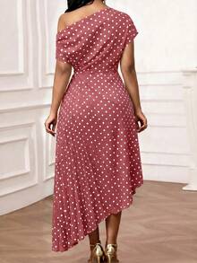 SHEIN Lady Plus Size Summer Elegant Polka Dot Print Asymmetric Dress - Pink - View 2
